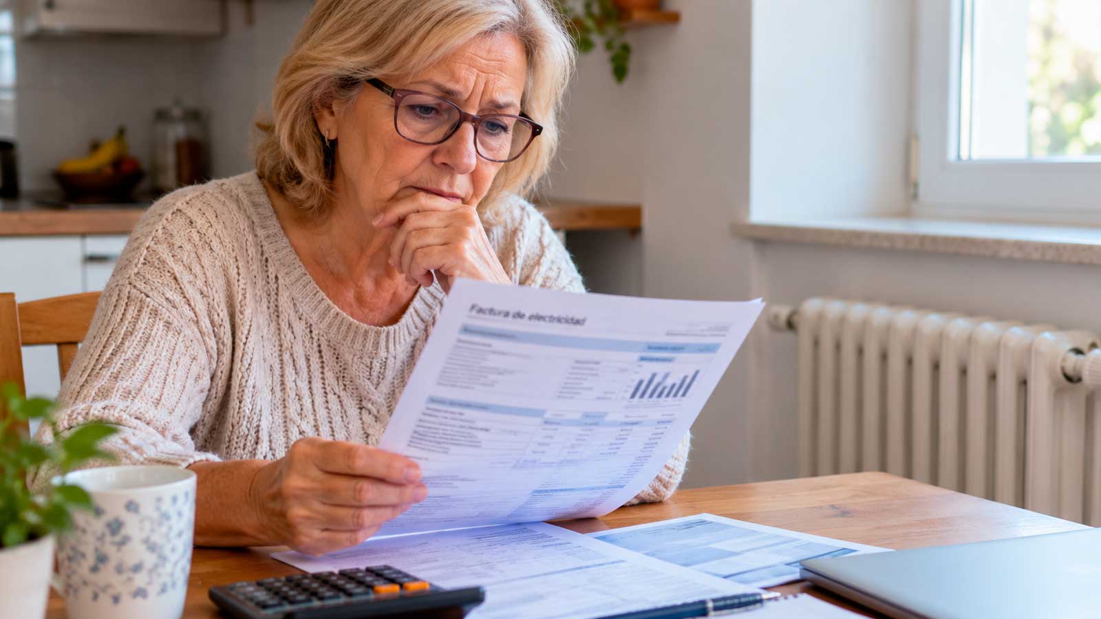 Mujer revisando una factura de electricidad en su vivienda por el cobro del bono social térmico en Andalucía.