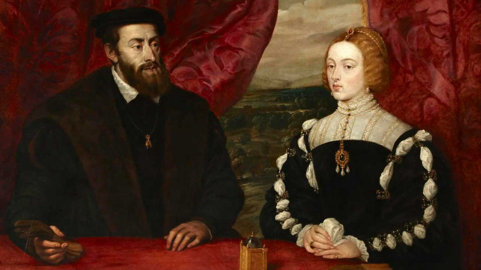 Retratos de Carlos V e Isabel de Portugal en la exposición histórica de la Alhambra de Granada.