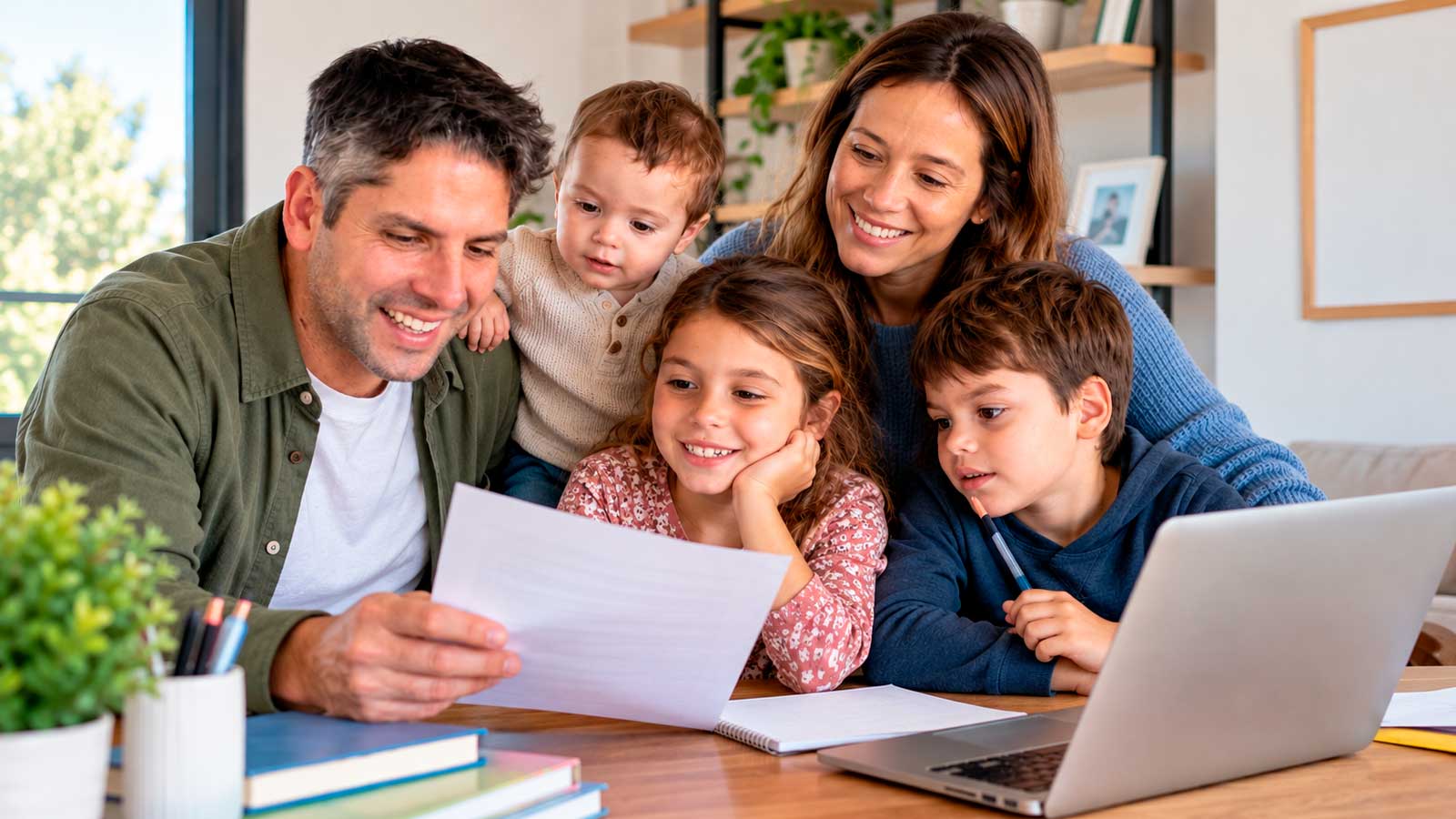 Familia numerosa con tres hijos consultando los descuentos en oposiciones, matrículas y tasas públicas de Andalucía.