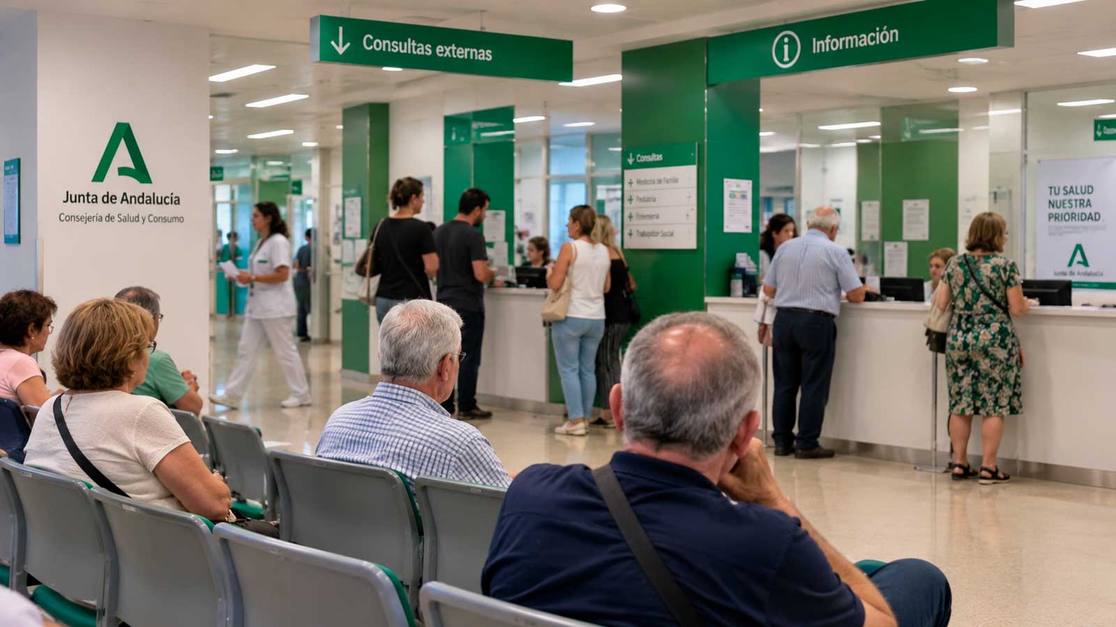 Pacientes esperando atención médica en un centro de salud de Andalucía con los colores verdes del SAS.