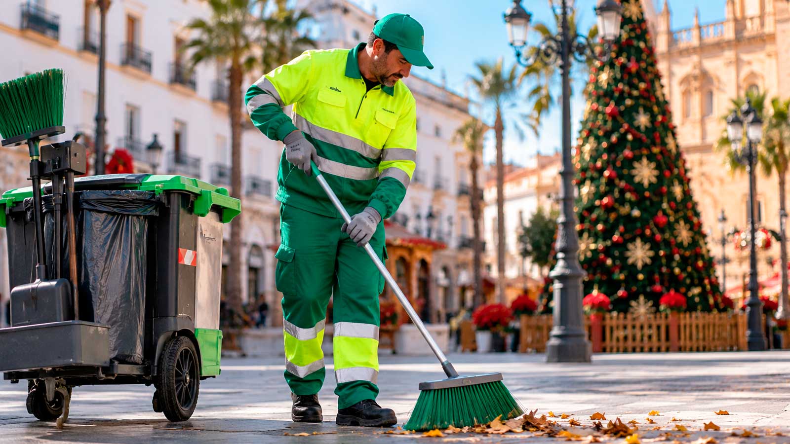 Operario de limpieza municipal barriendo una plaza de Andalucía decorada para Navidad.