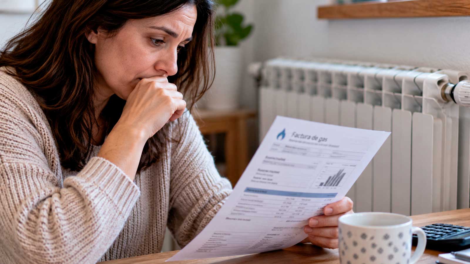 Mujer revisando una factura de gas junto a un radiador tras la subida de la TUR